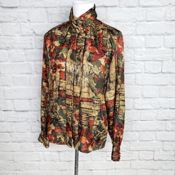 Vintage High Neck Gold Red Green Polyester Blouse Sz 6 - Picture 7 of 14